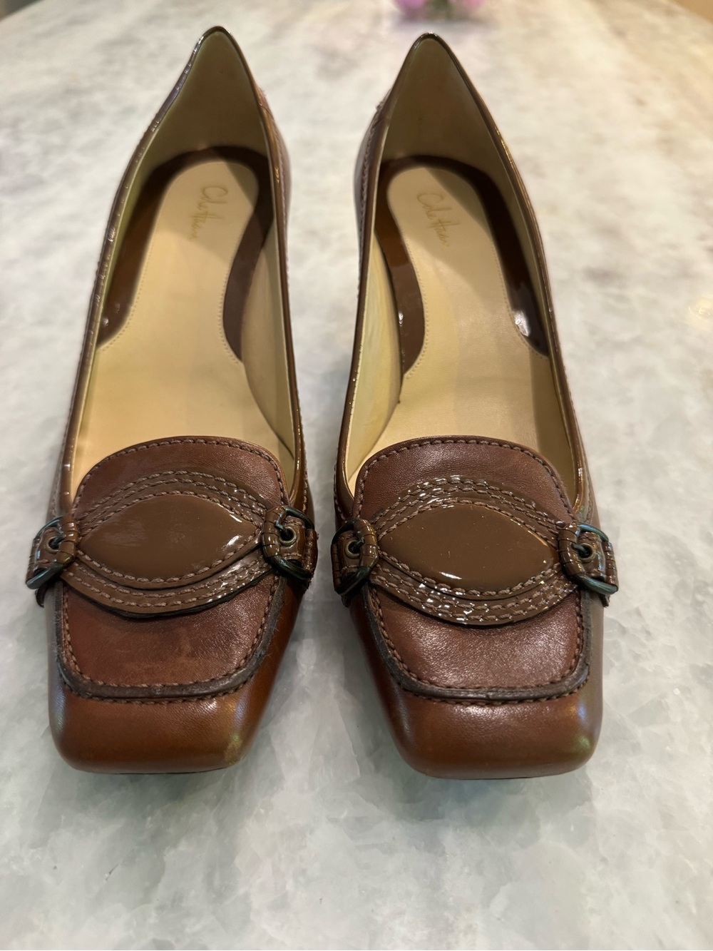Cole Haan Brown Kitten heel Leather Loafers w/ Decorative Strap Dark Academia